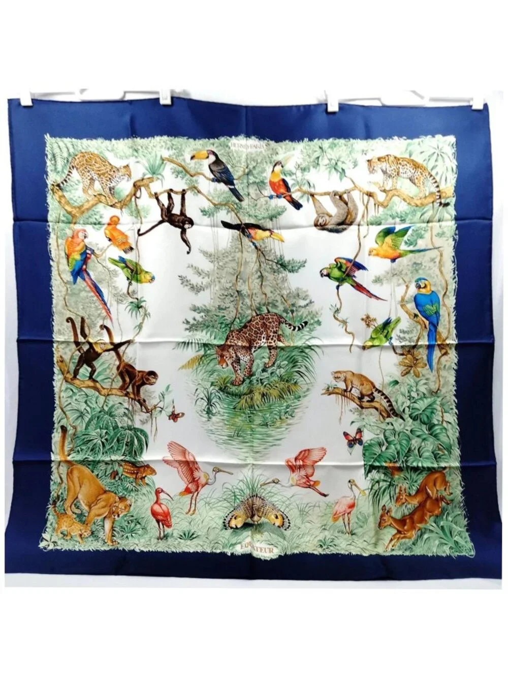 Authentic Hermès Equateur Carré 90 Silk Scarf Blue Jungle Wildlife